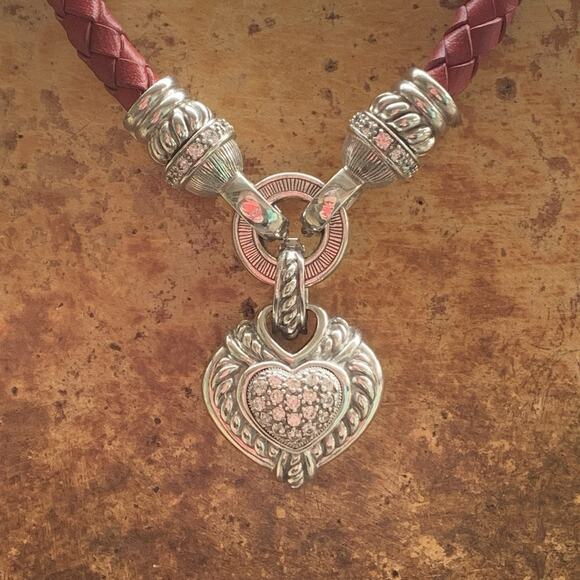 Judith Ripka Brown & Red Leather cords w/ Sterling Silver & CZ Heart Enhancer - Picture 5 of 9